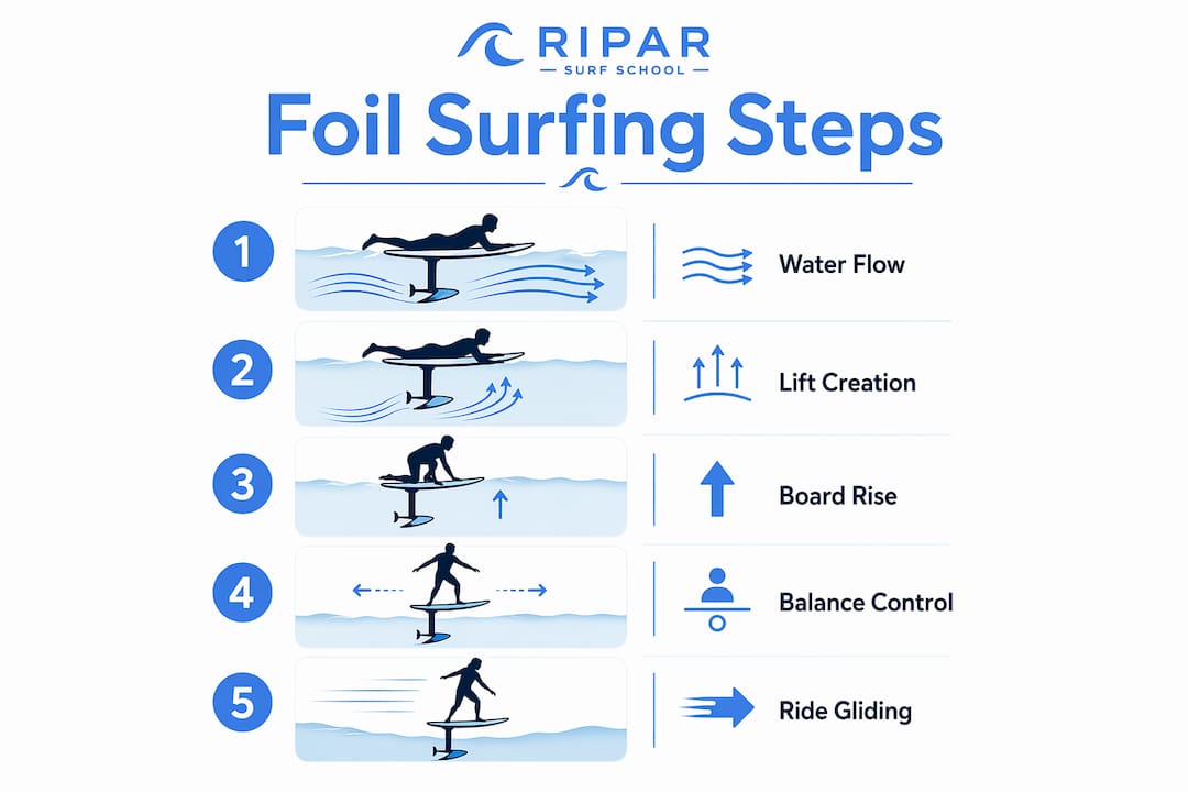 Infographic showing key steps of how foil surfing works