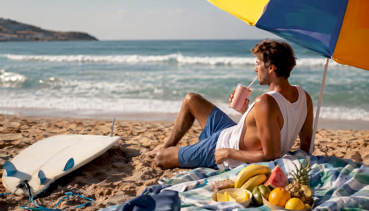 Surfer drinking smoothie after morning surf session