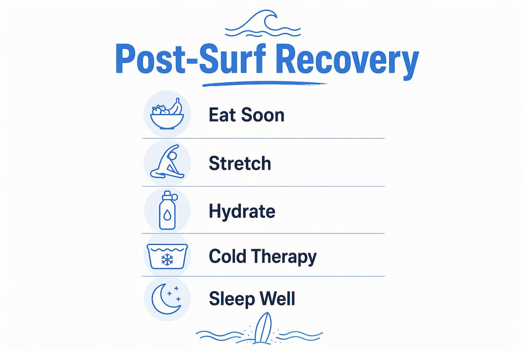 Infographic illustrating five post-surf recovery steps