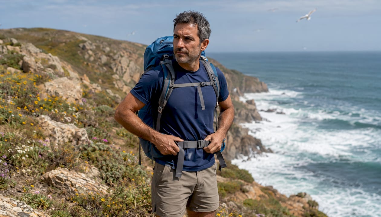 Man adjusting backpack hip belt in forest