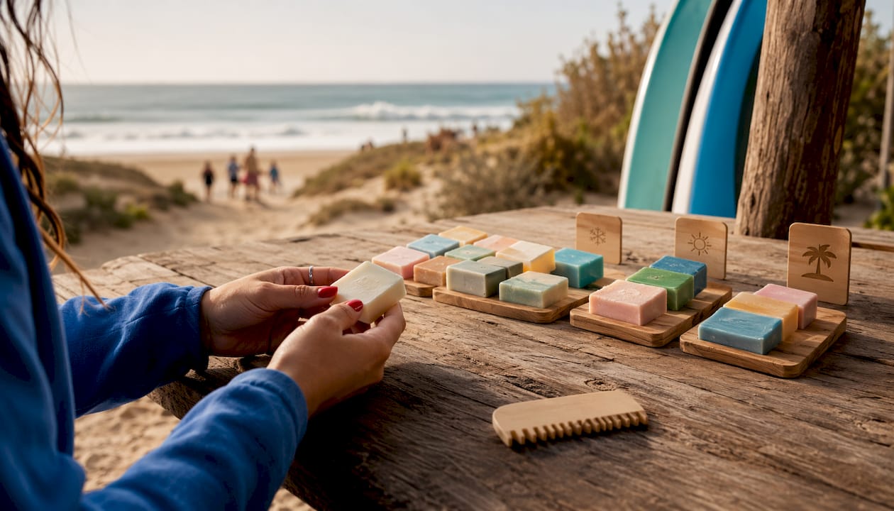 Flat lay of different surf wax types with hand and wax comb