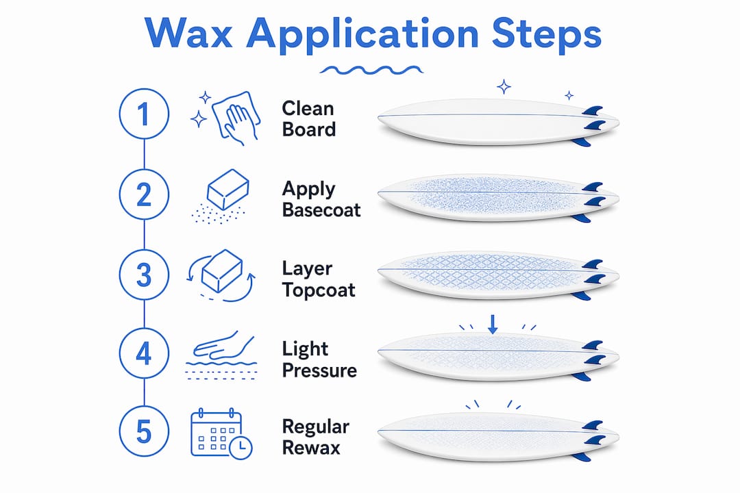 Infographic illustrating surf wax application process steps