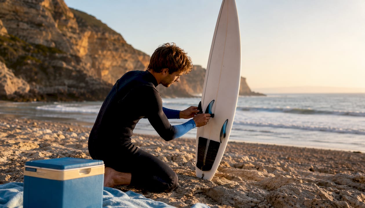 Surfer adjusting fins on surfboard at beach