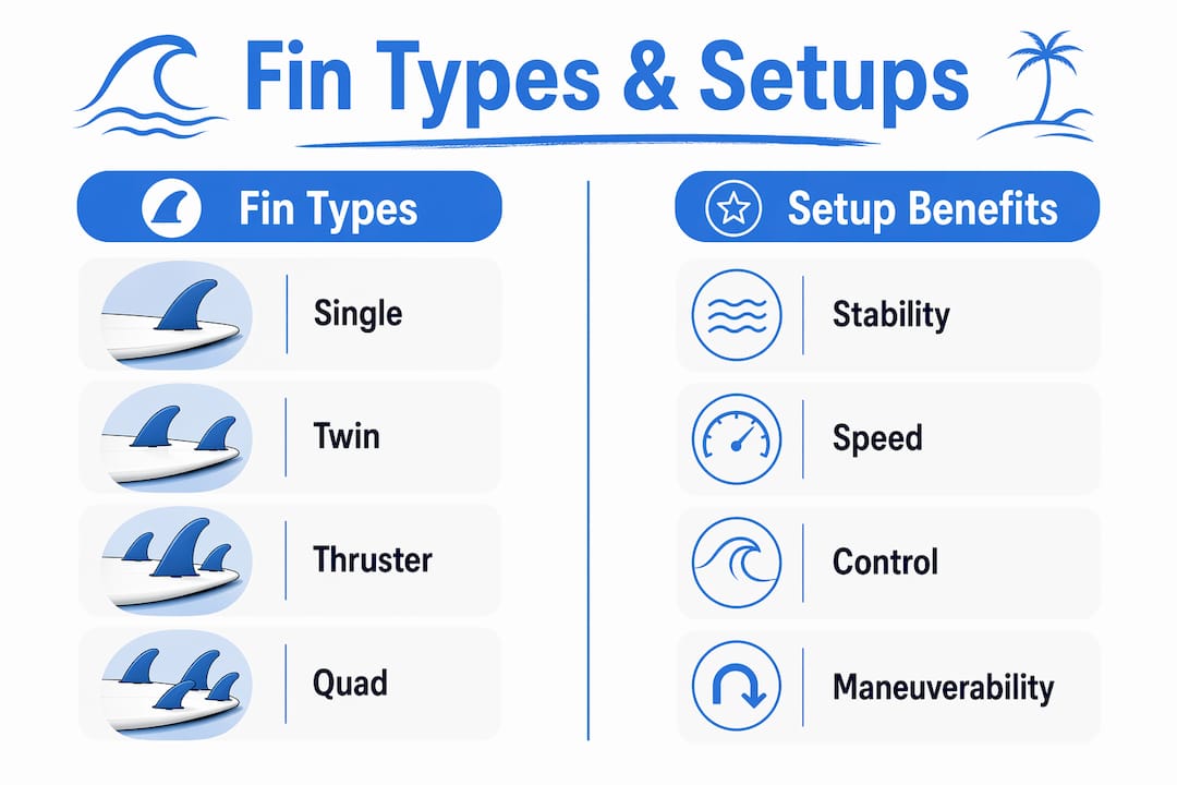 Infographic showing surfboard fin types and setup benefits
