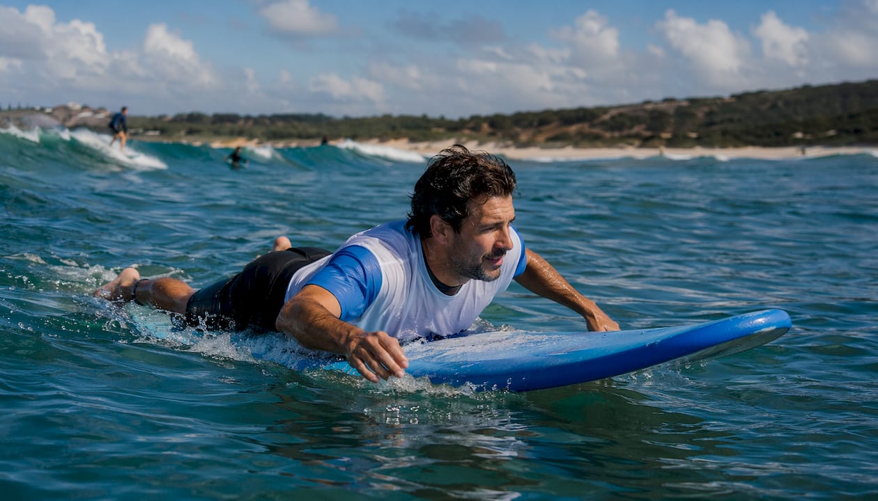Man paddling on foam surfboard in ocean