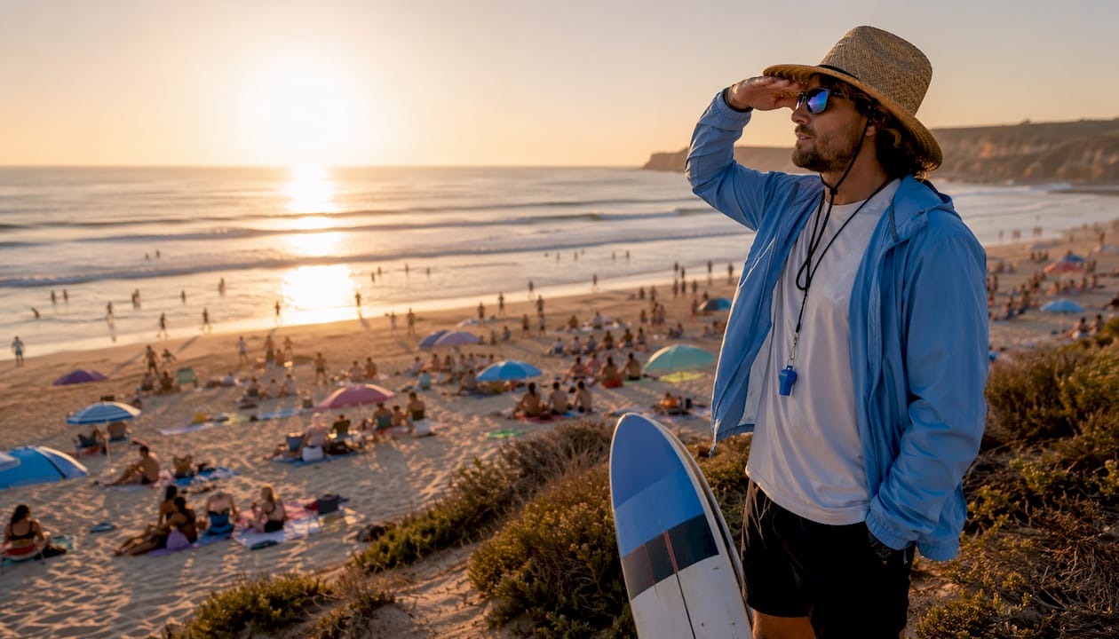 Adult supervising children in surf zone from side profile