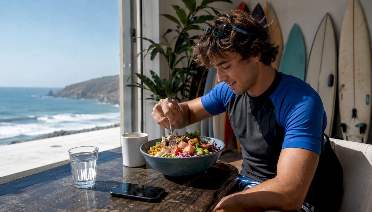 Surfer enjoying healthy surf camp meal outdoors