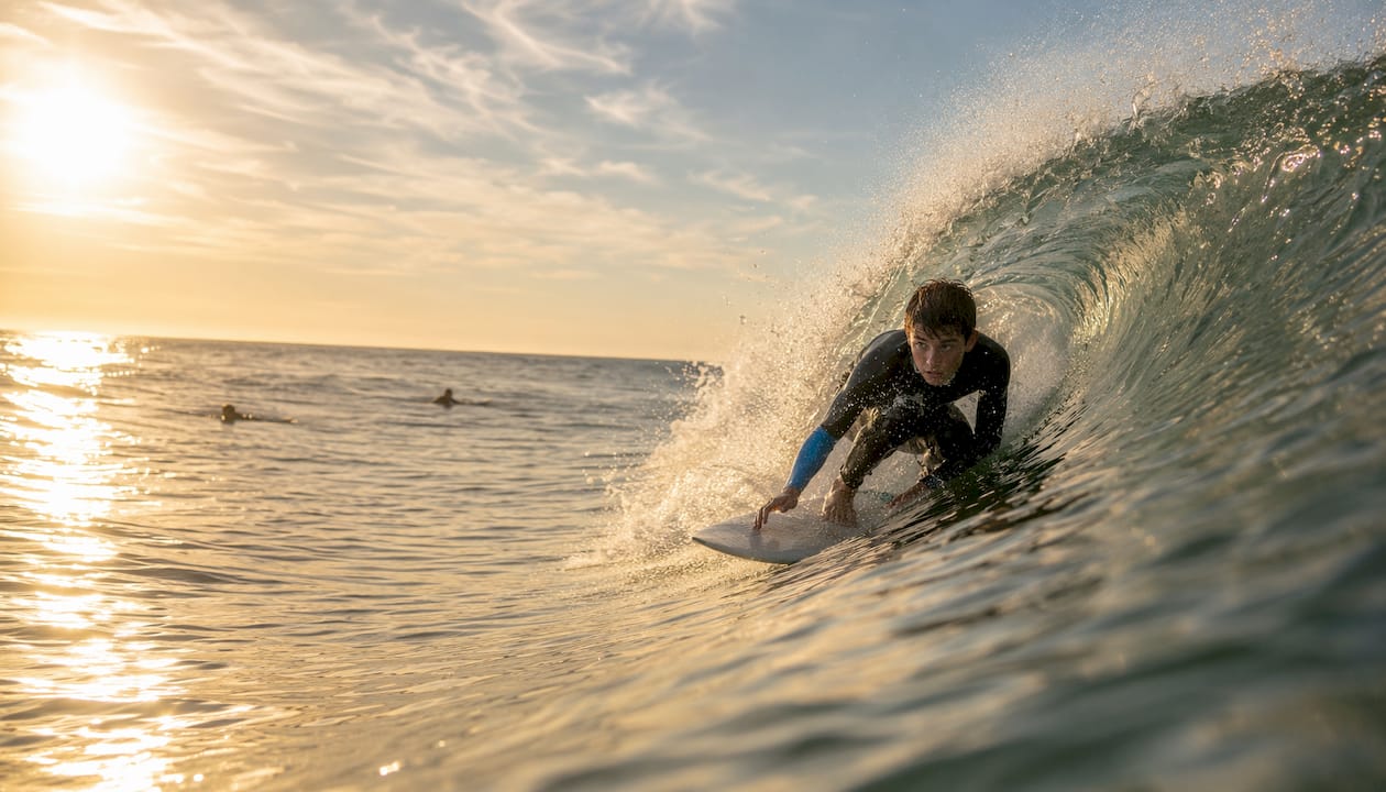 Surfer riding the pocket section of a wave