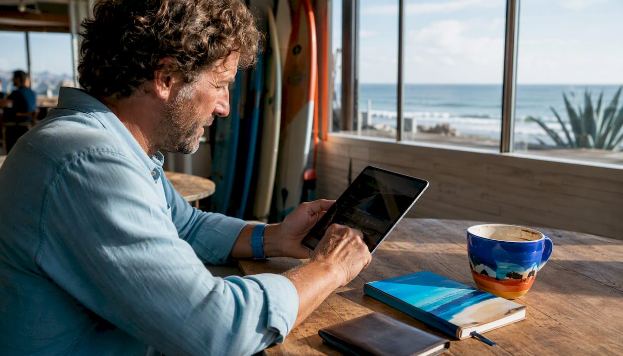 Man booking surf camp in Portugal at home desk