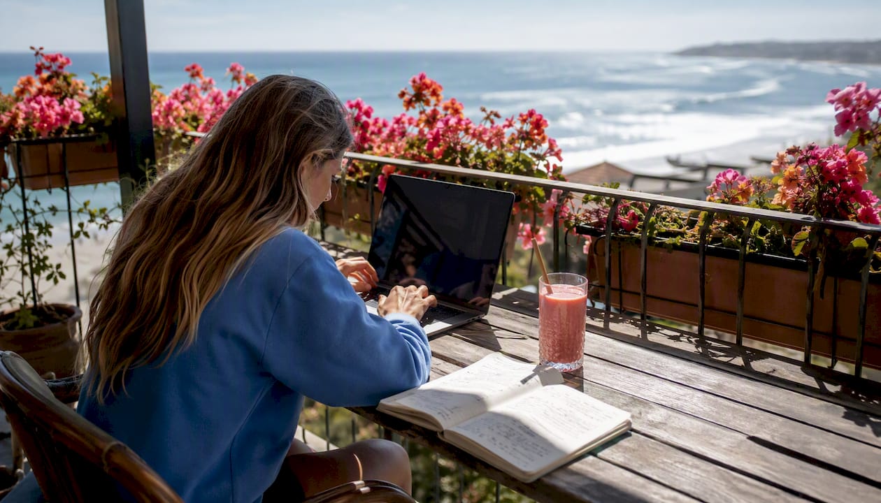 Woman planning surf school trip at kitchen table
