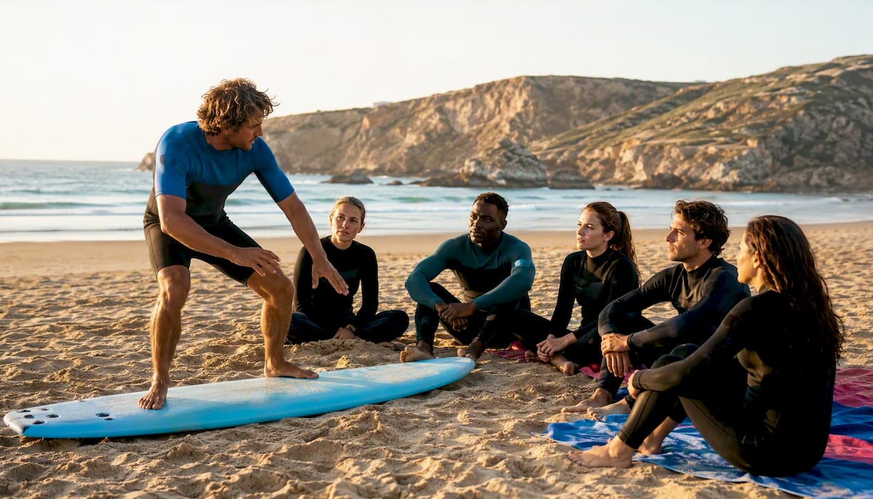 Surf instructor teaching beginners on Peniche beach