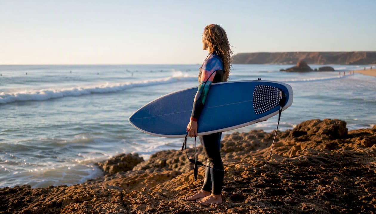 Beginner surfer holding board on Praia Areia Branca beach
