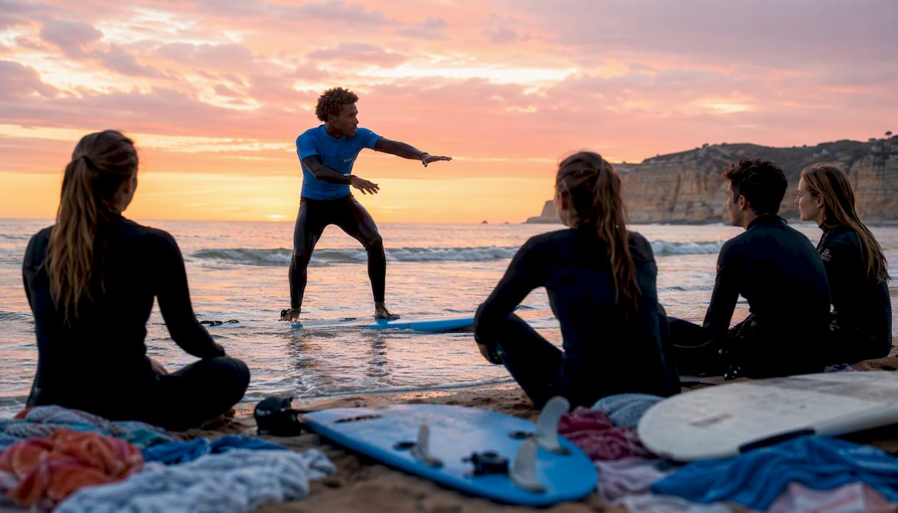Surf instructor demonstrating paddling on Algarve beach
