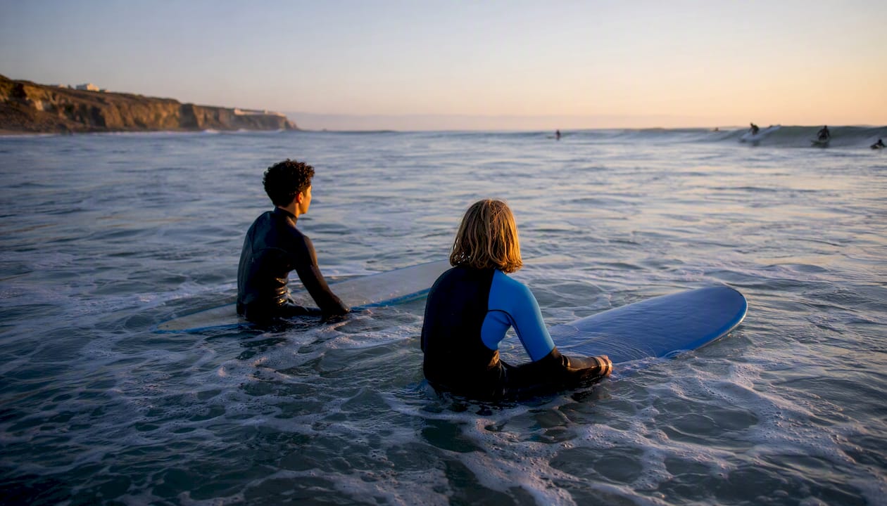 Beginners surfing small waves at Ericeira coast