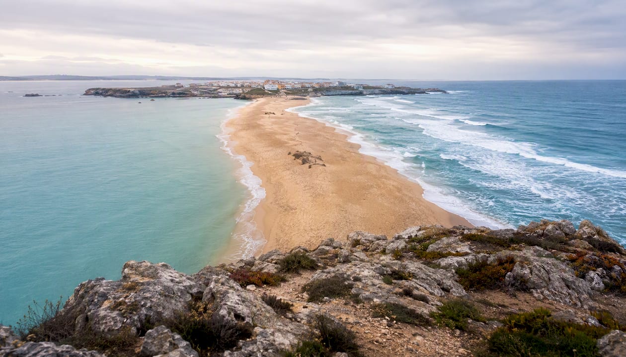 Baleal sandbar tombolo with surf waves