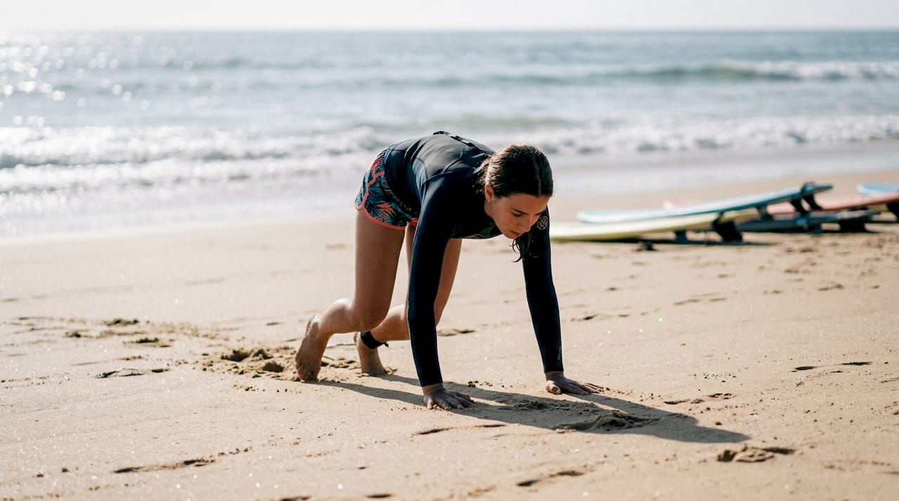 Surfer practicing pop-up on sand near water