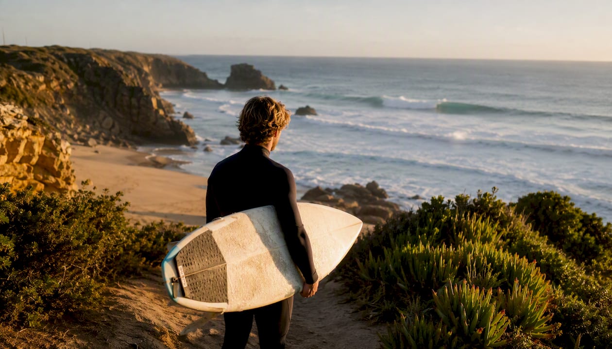 Surfer on cliff overlooking Areia Branca beach