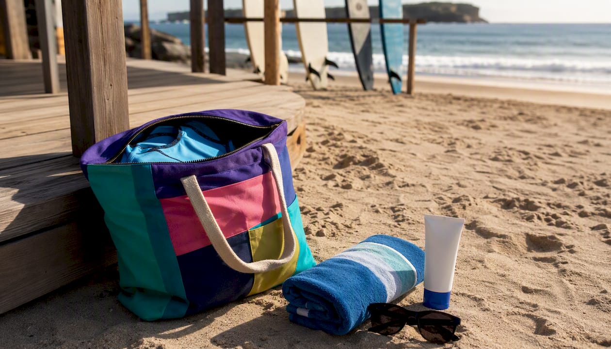 Beach bag with swimwear and reef-safe sunscreen on sand
