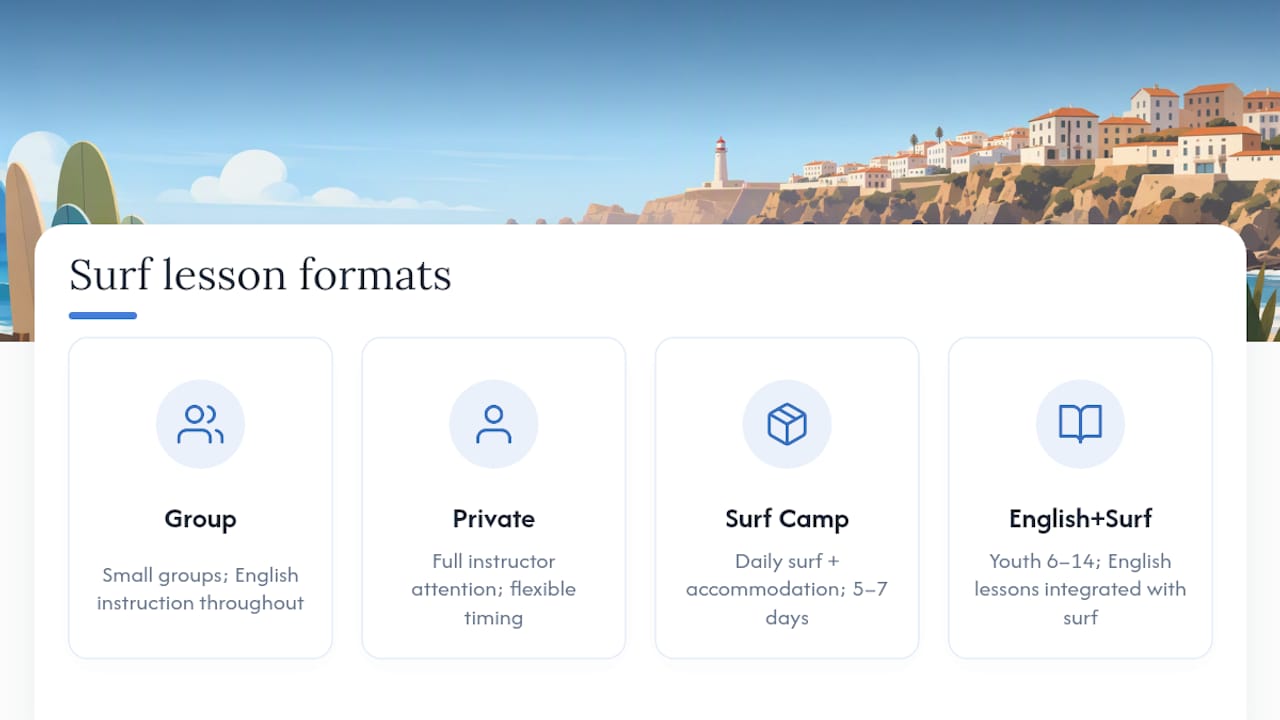 Diagram comparing surf lesson formats offered in English
