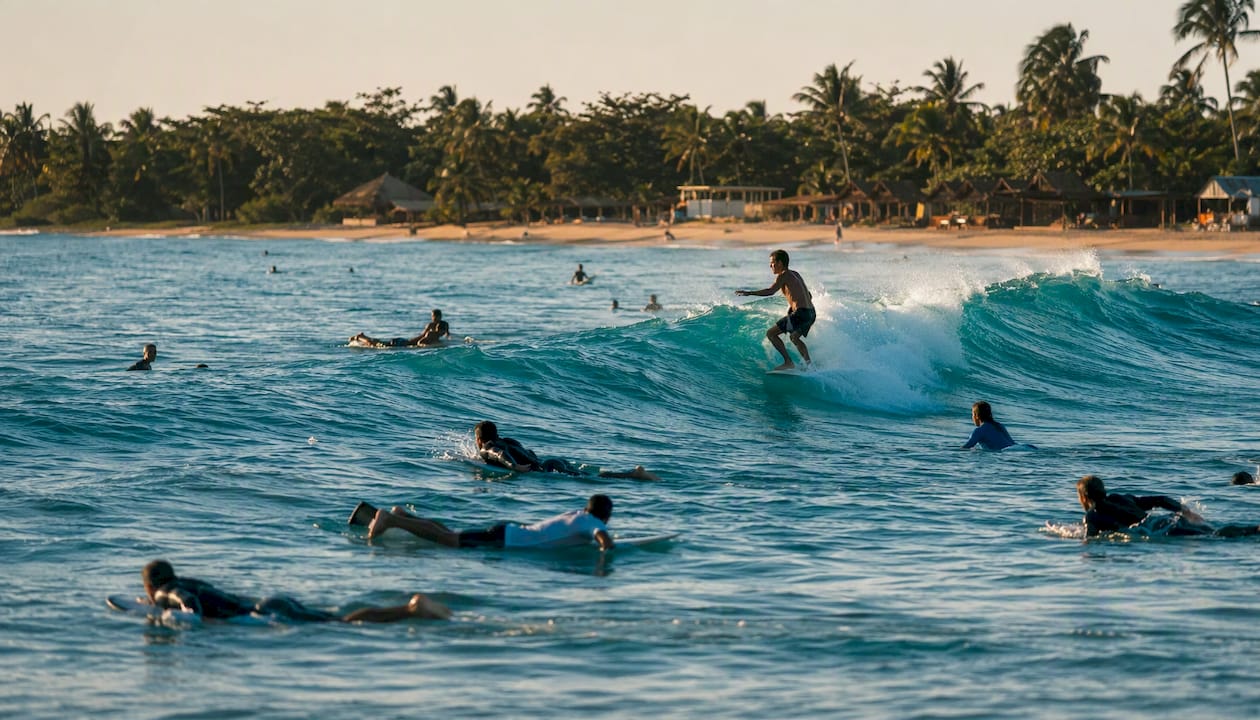 Surfers paddling and riding waves at Cabarete