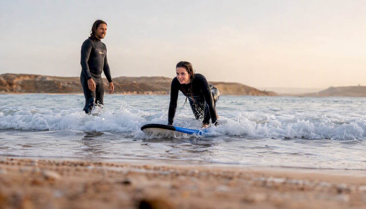 Beginner surfer popping up on gentle waves in Portugal