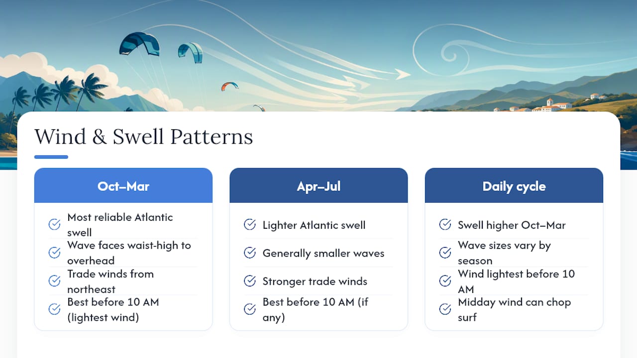 Seasonal swell and wind conditions chart Cabarete