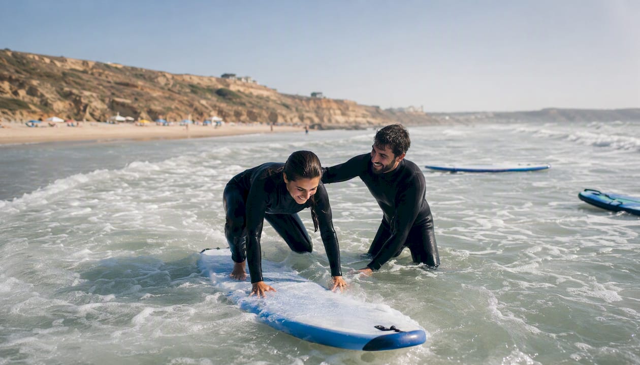 Beginner surf lesson on beach break at Praia Areia Branca