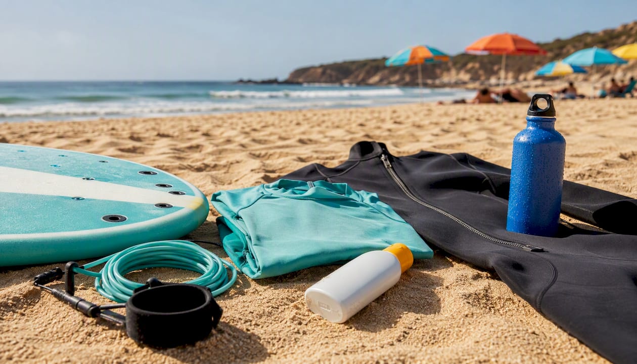 Beginner surf gear laid out on sand