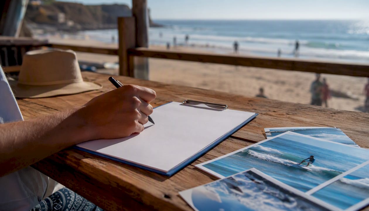 Hand holding cancellation form at surf camp desk