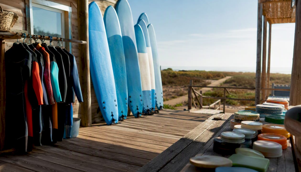 Surf rental gear arranged on surf camp deck