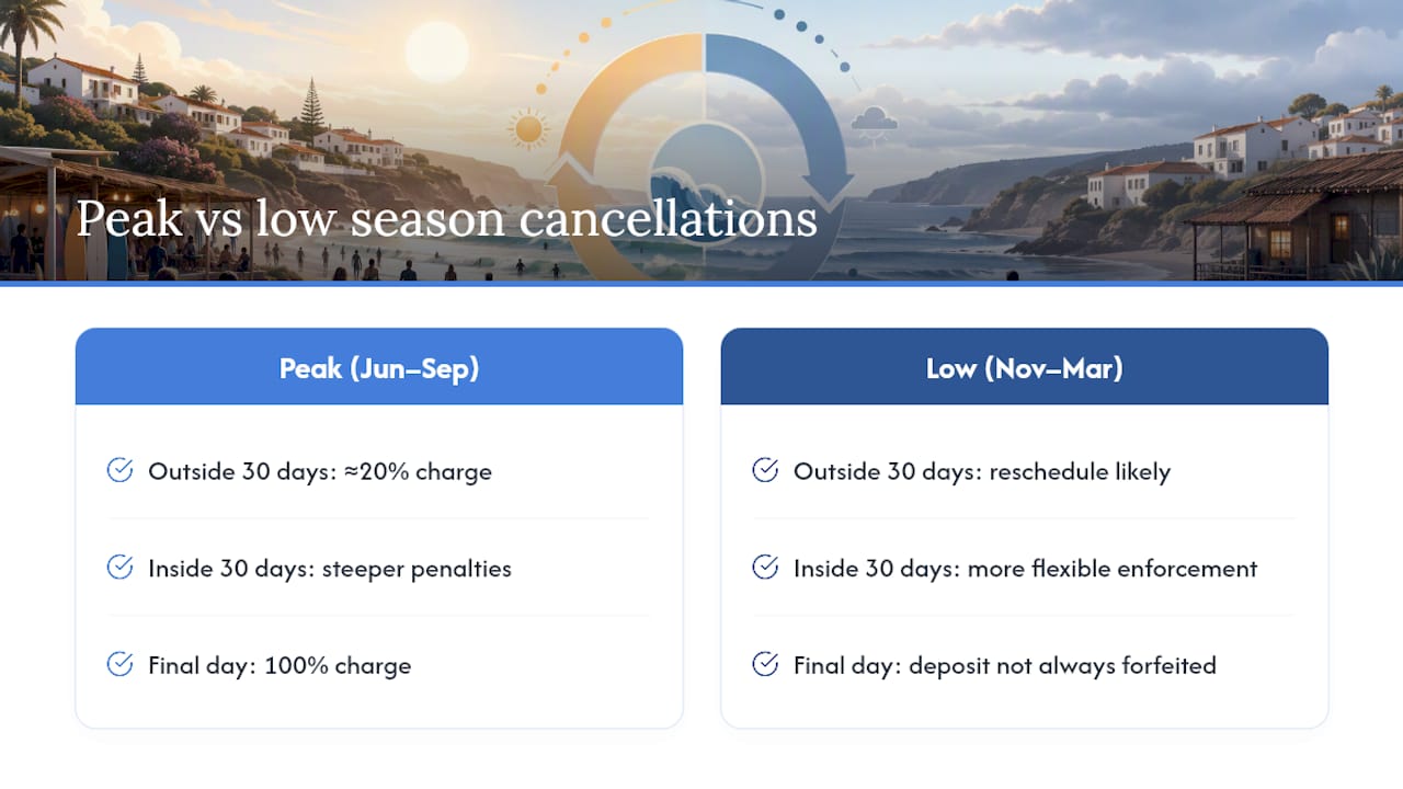 Infographic comparing high and low season cancellation refund tiers