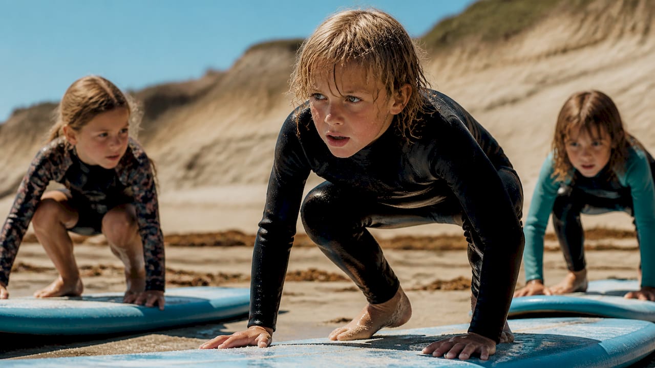 Small group kids practicing surf pop-up on beach