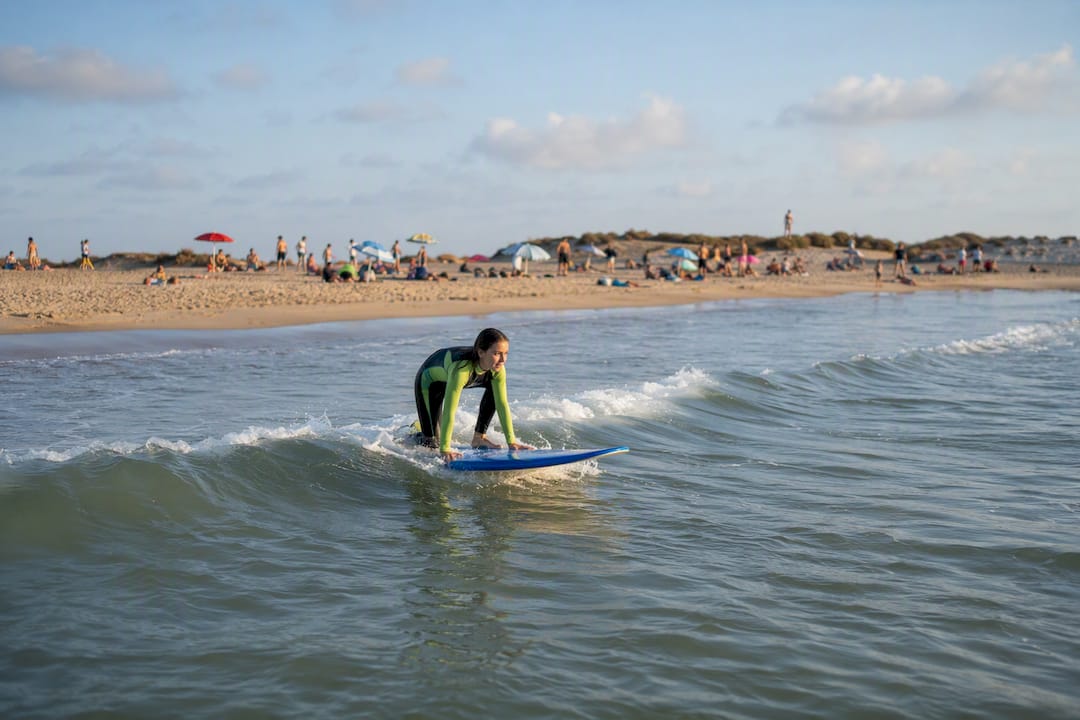 Beginner surfer popping up on small summer wave