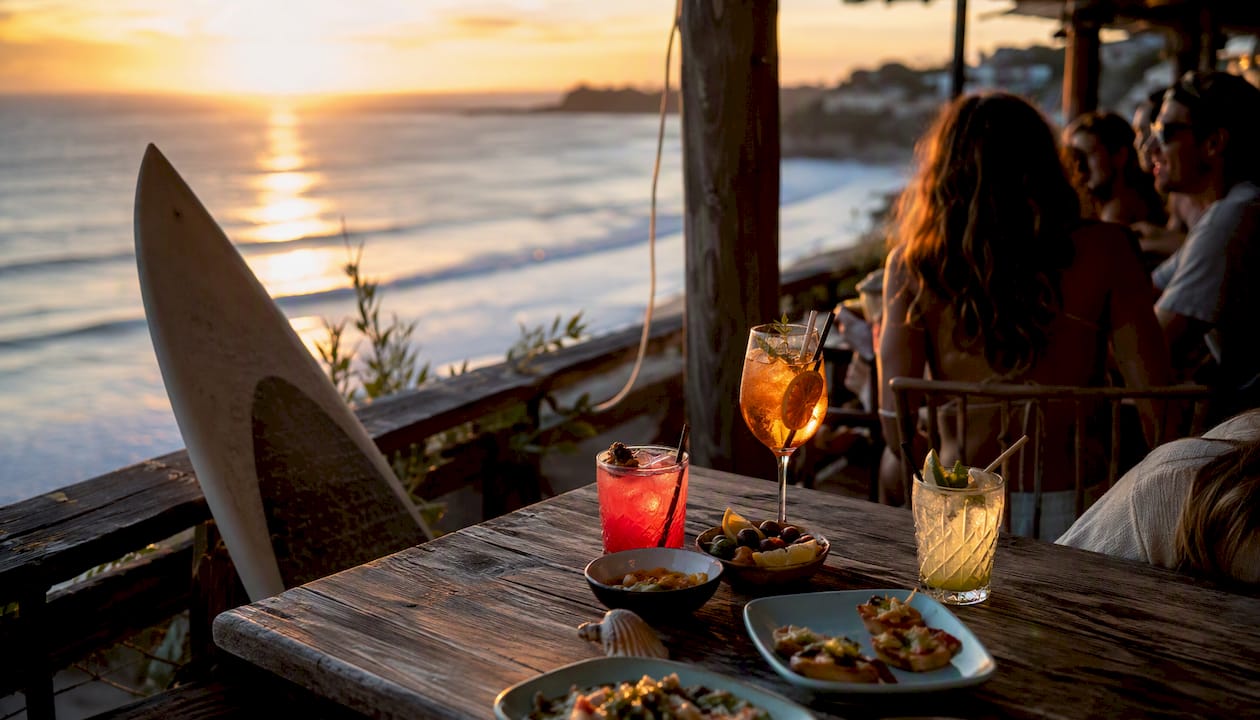 Sunset terrace table at Areia Branca beach bar