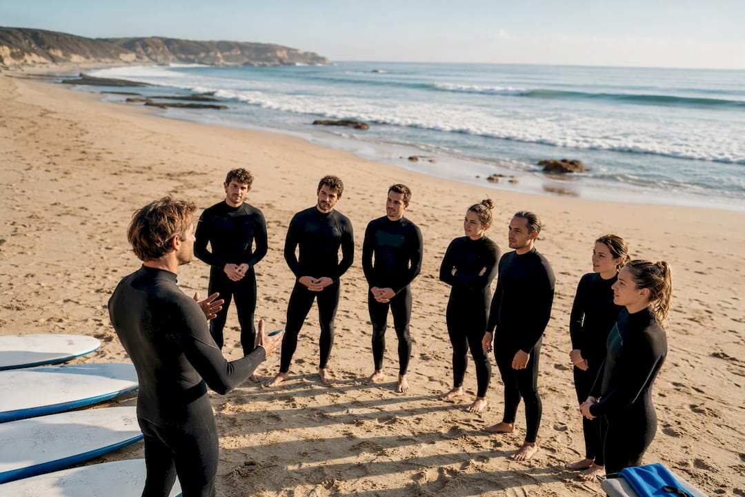 Instructor briefing a small beginner surf group