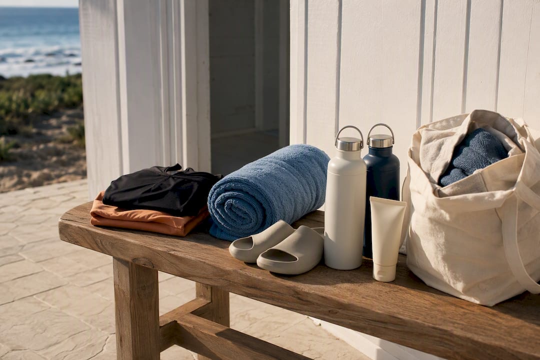 Surf lesson essentials arranged on wooden bench