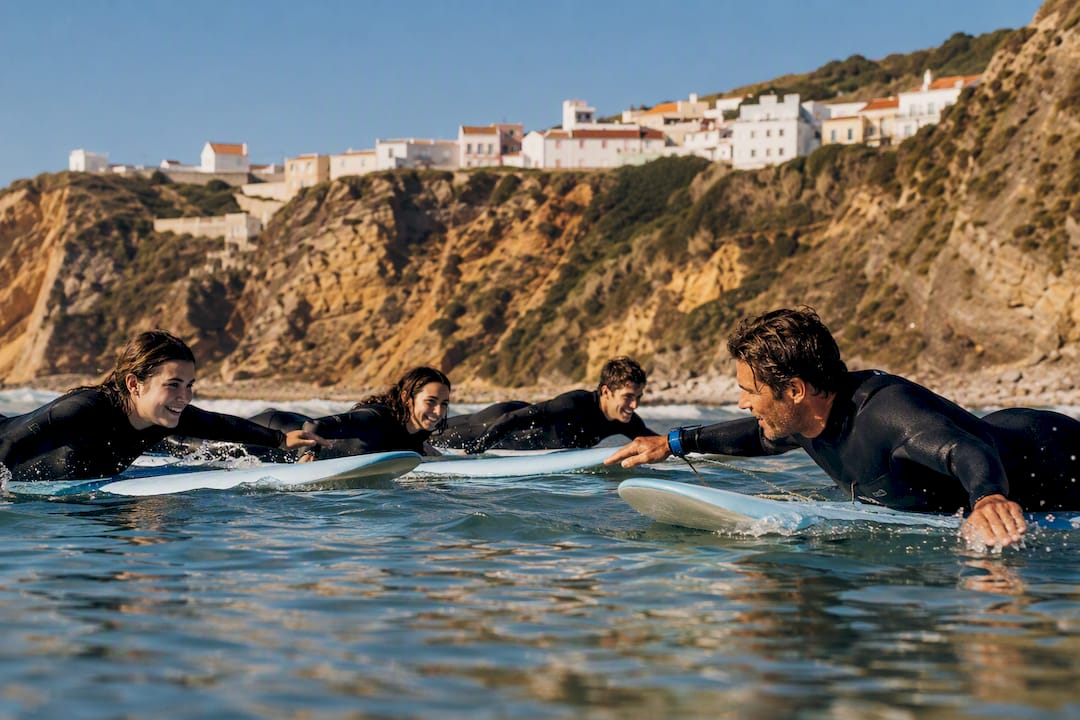 Learners practicing surf skills on Portugal coast