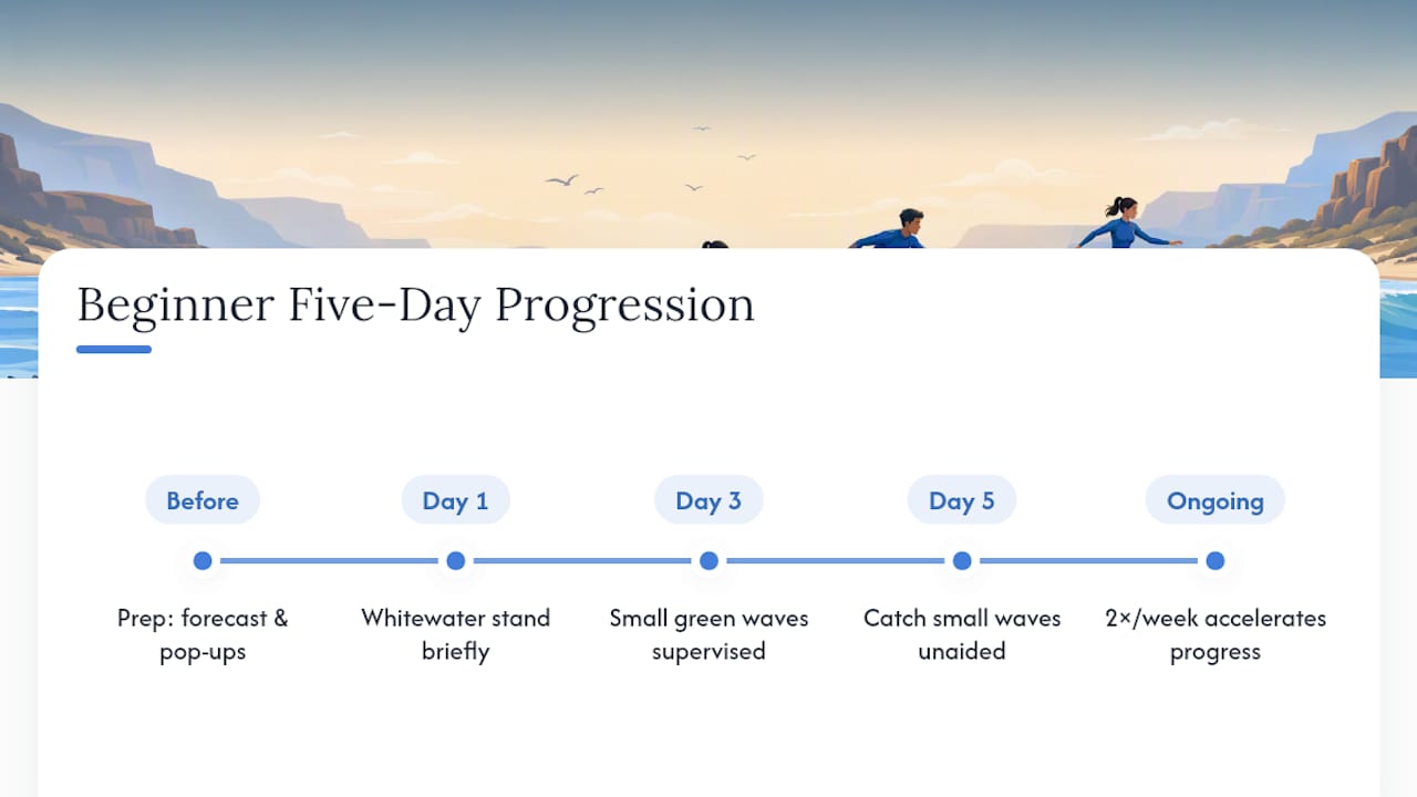 Five-day beginner surf progression timeline