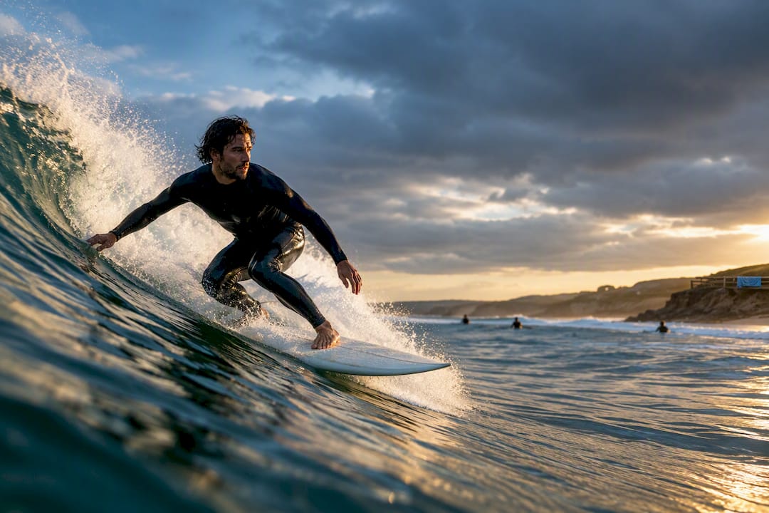 Experienced surfer riding autumn groundswell in Portugal