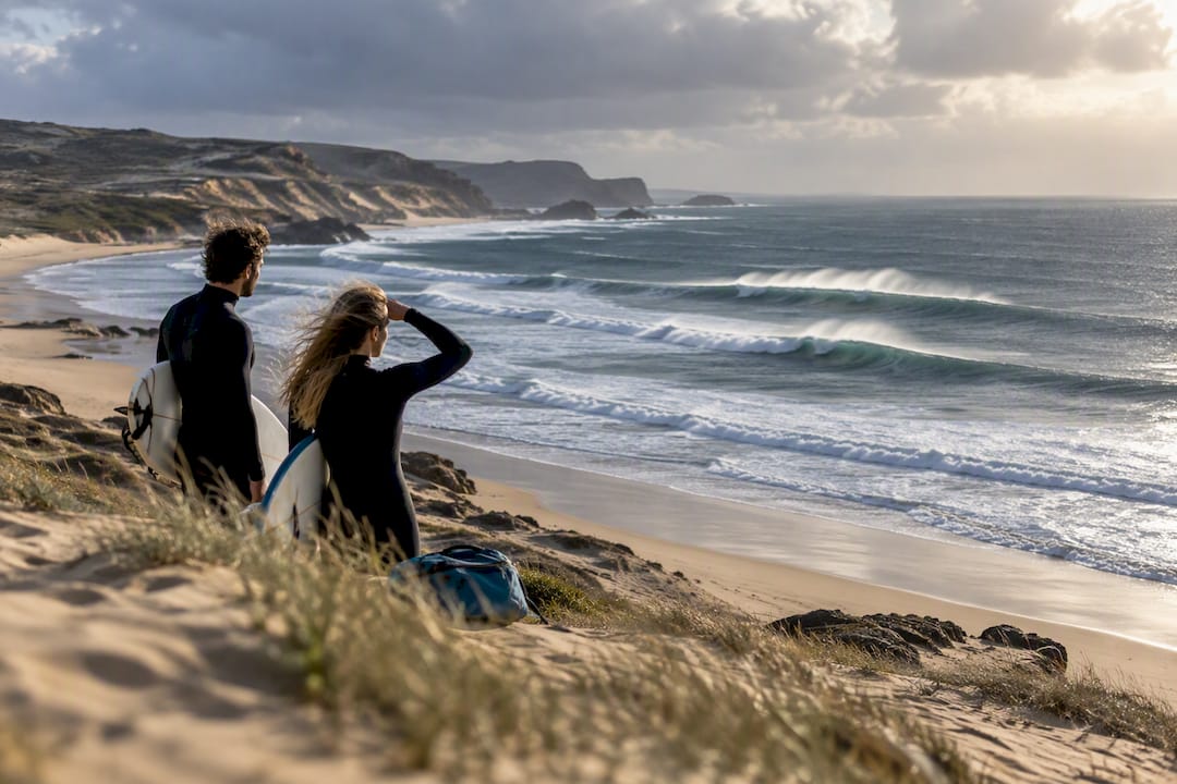 Surfers watching winter waves on Algarve beach