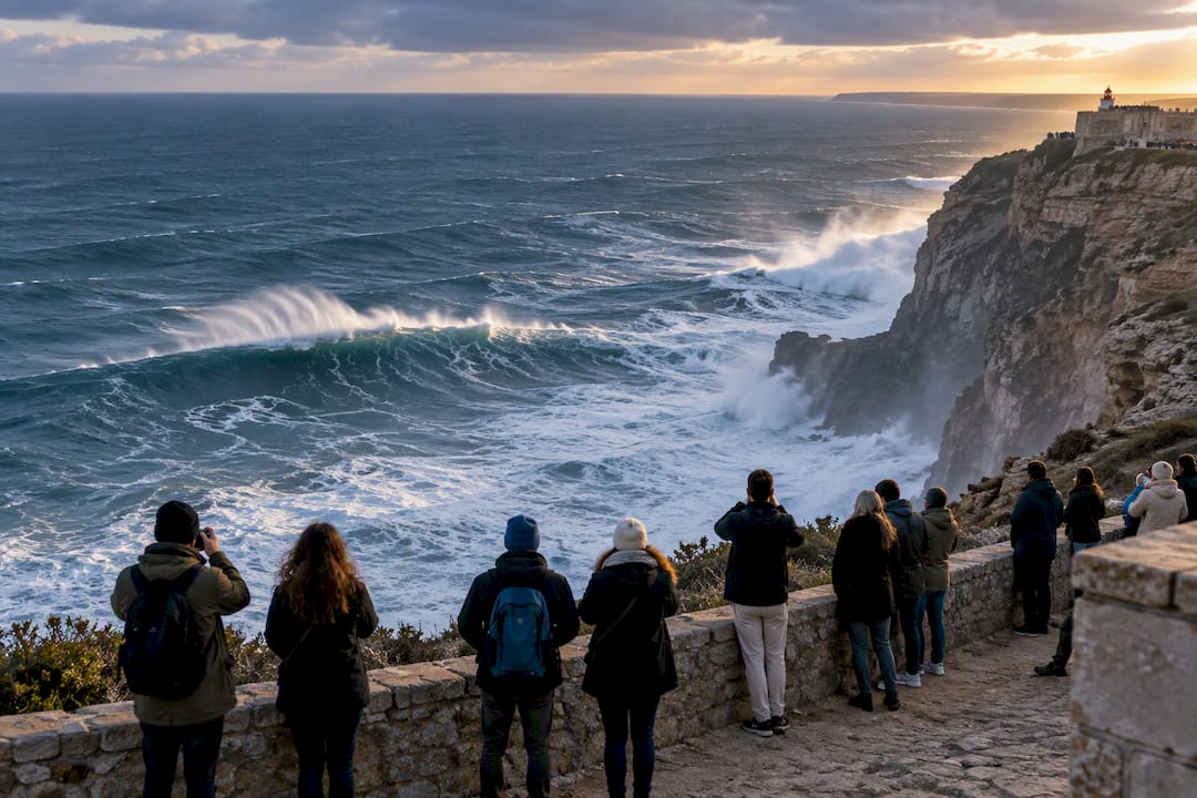 Spectators watching winter waves from Nazaré headland