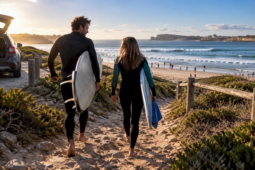 Guide and learner walking toward Peniche beach