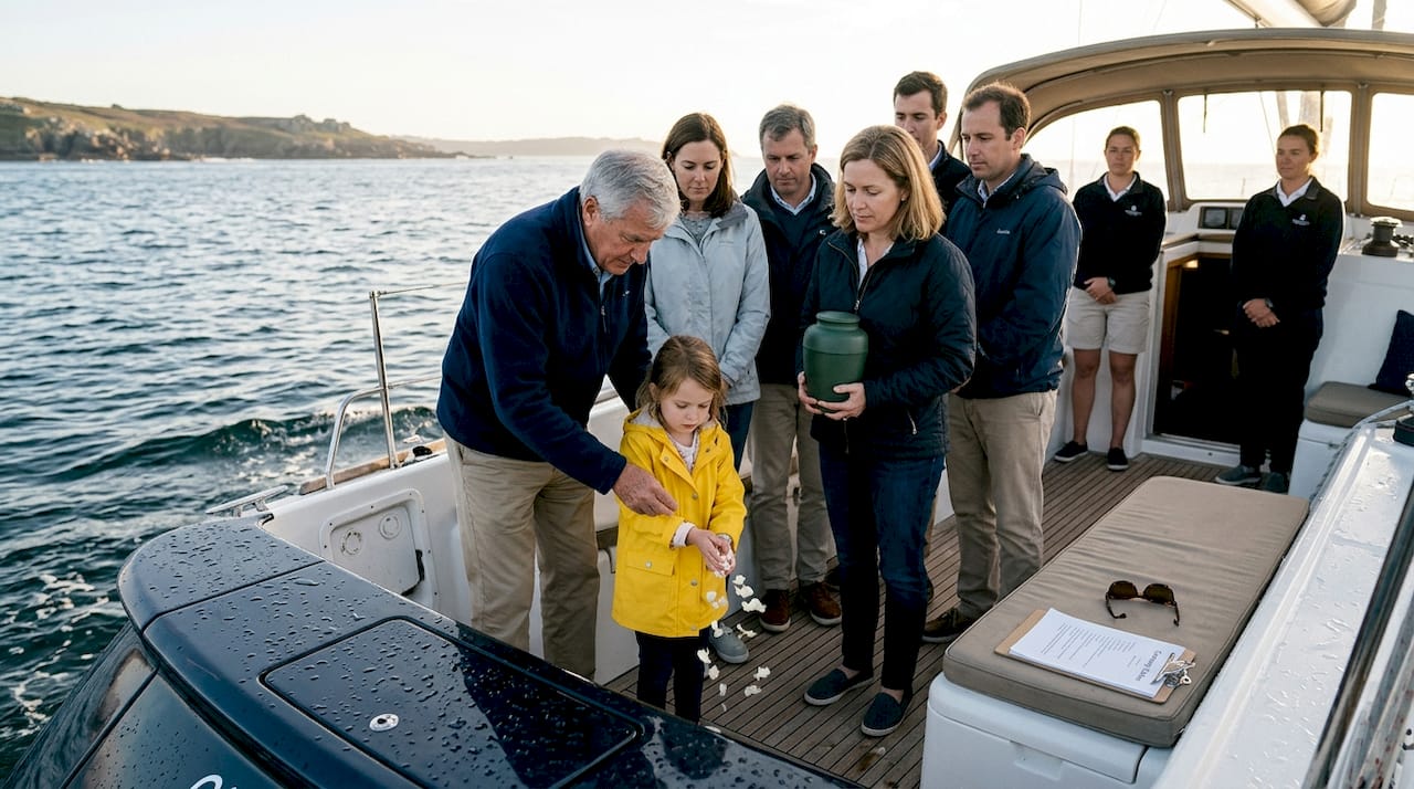 Ash scattering ceremony on yacht at sea