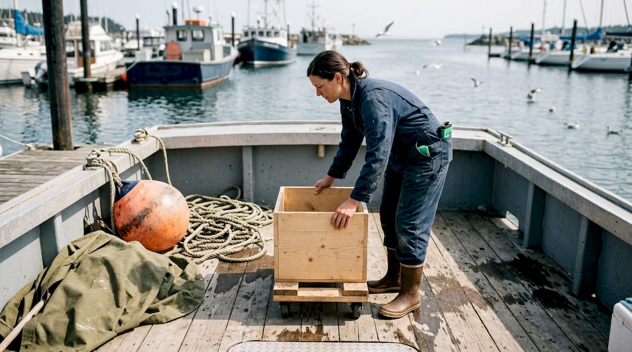 Deckhand prepares biodegradable coffin for ocean burial