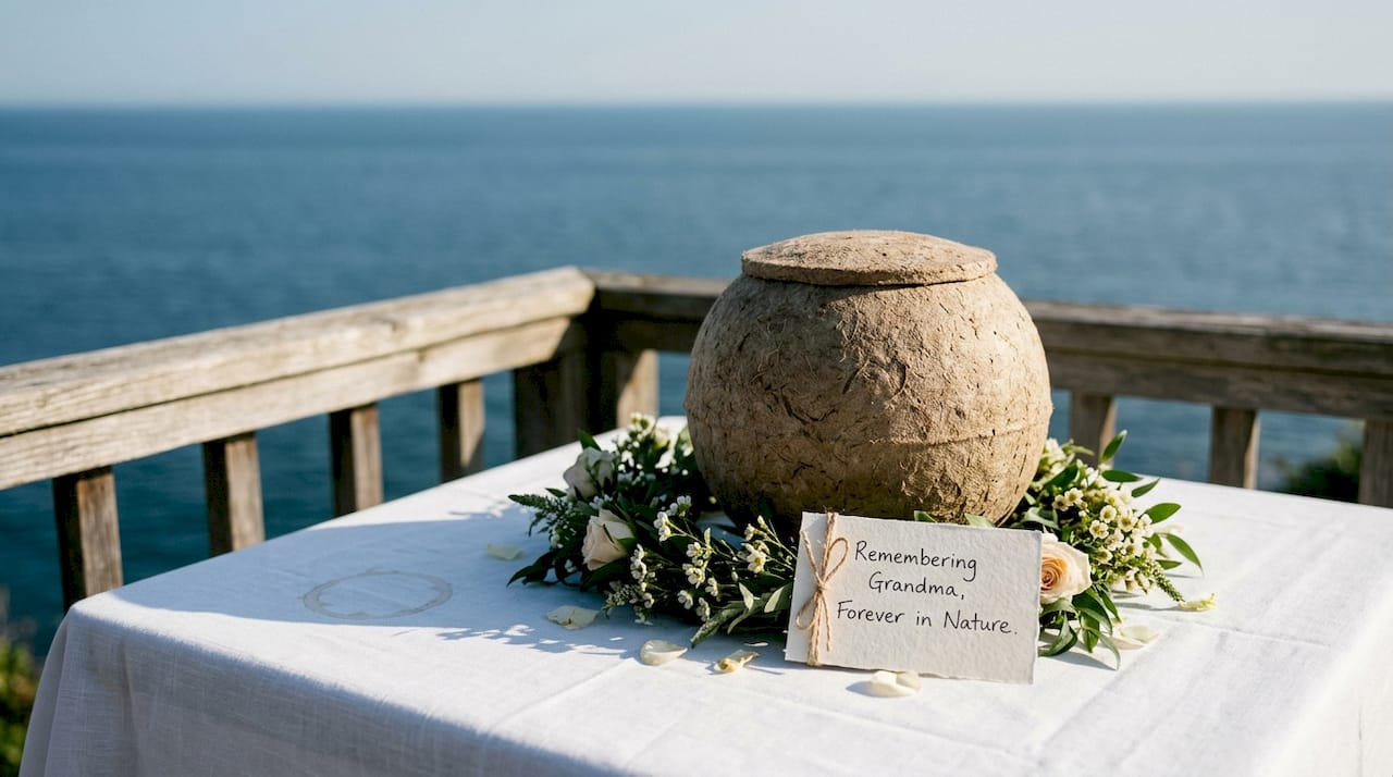 Biodegradable urn with flowers and card