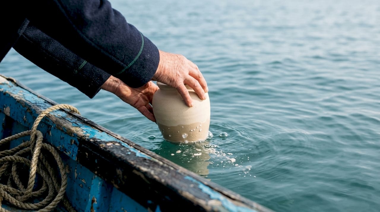 Hand lowering biodegradable urn into sea