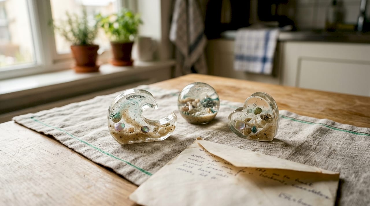 Handmade ocean resin keepsakes on kitchen table