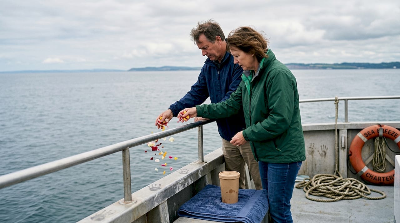 Sea funeral ceremony with flower scattering