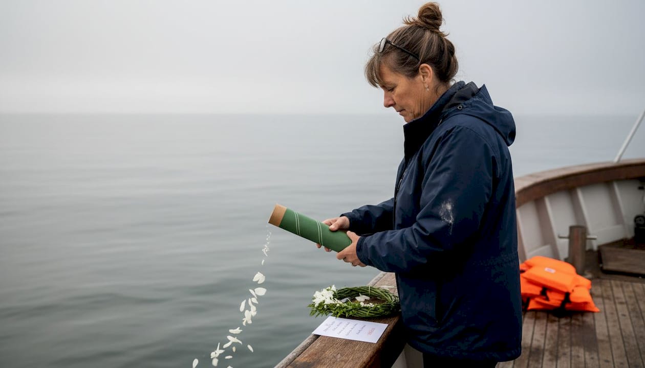 Woman using scattering tube at sea ceremony