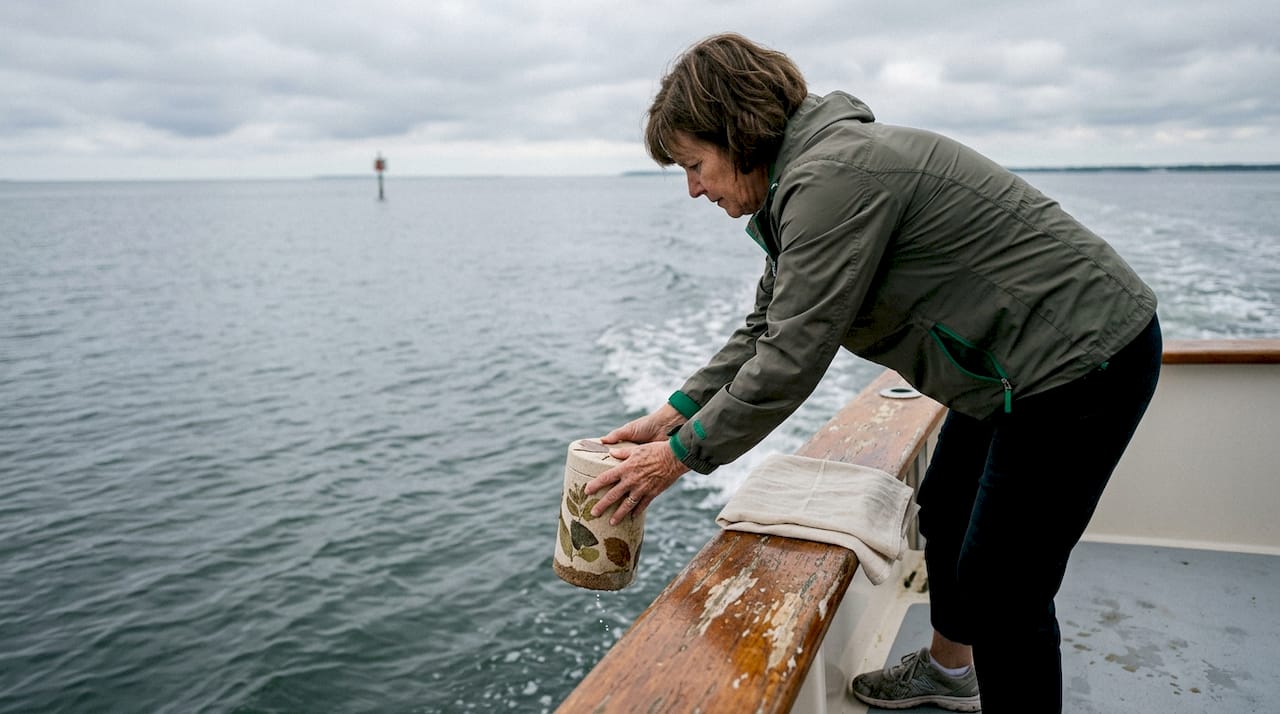 Woman releases biodegradable urn at sea burial